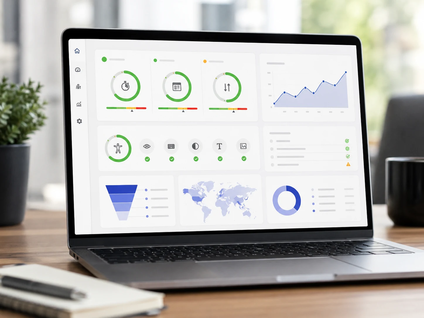 Website UX dashboard showing performance metrics, accessibility checks, conversion data and user behaviour insights.