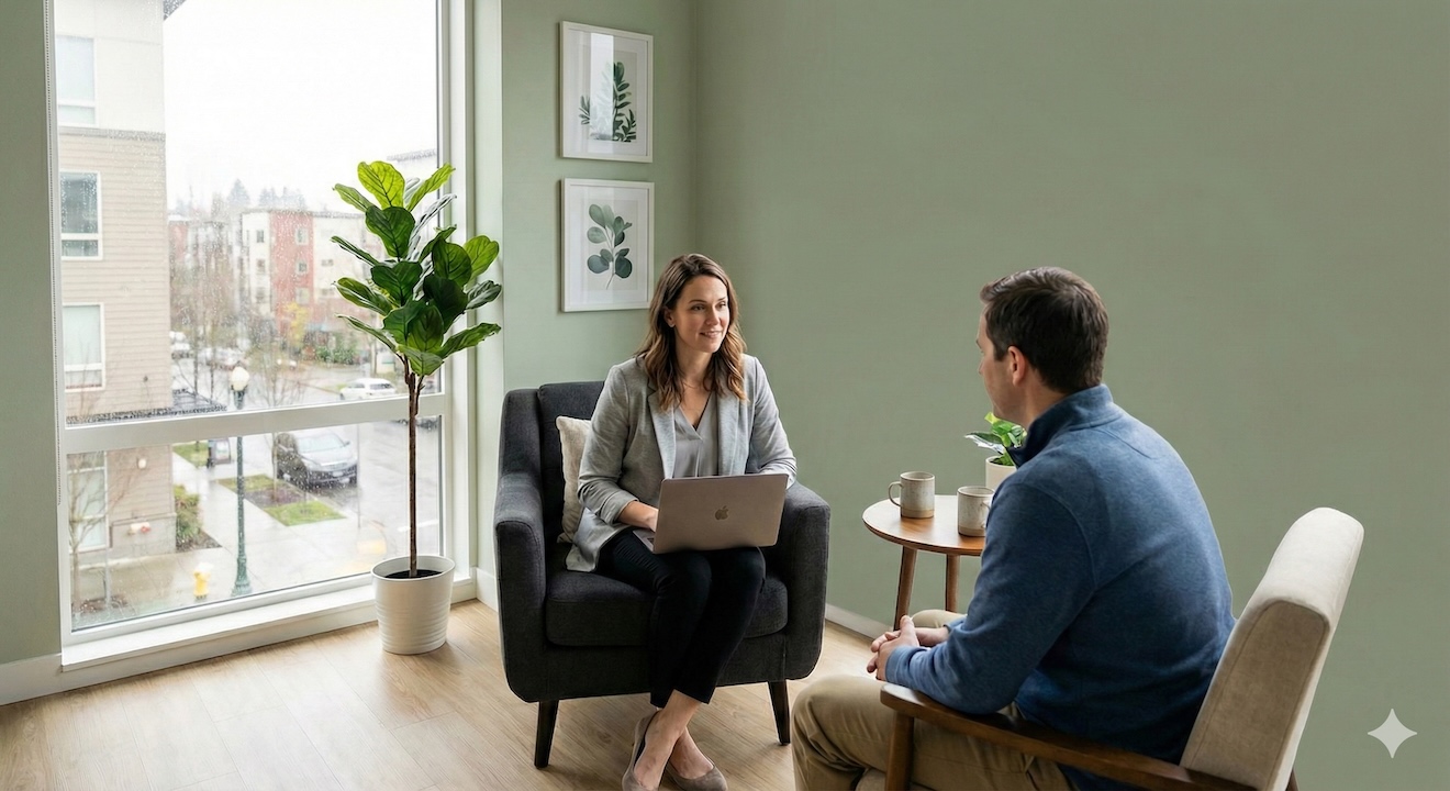 Dietitian talking with a patient in a bright office with large windows and local views.