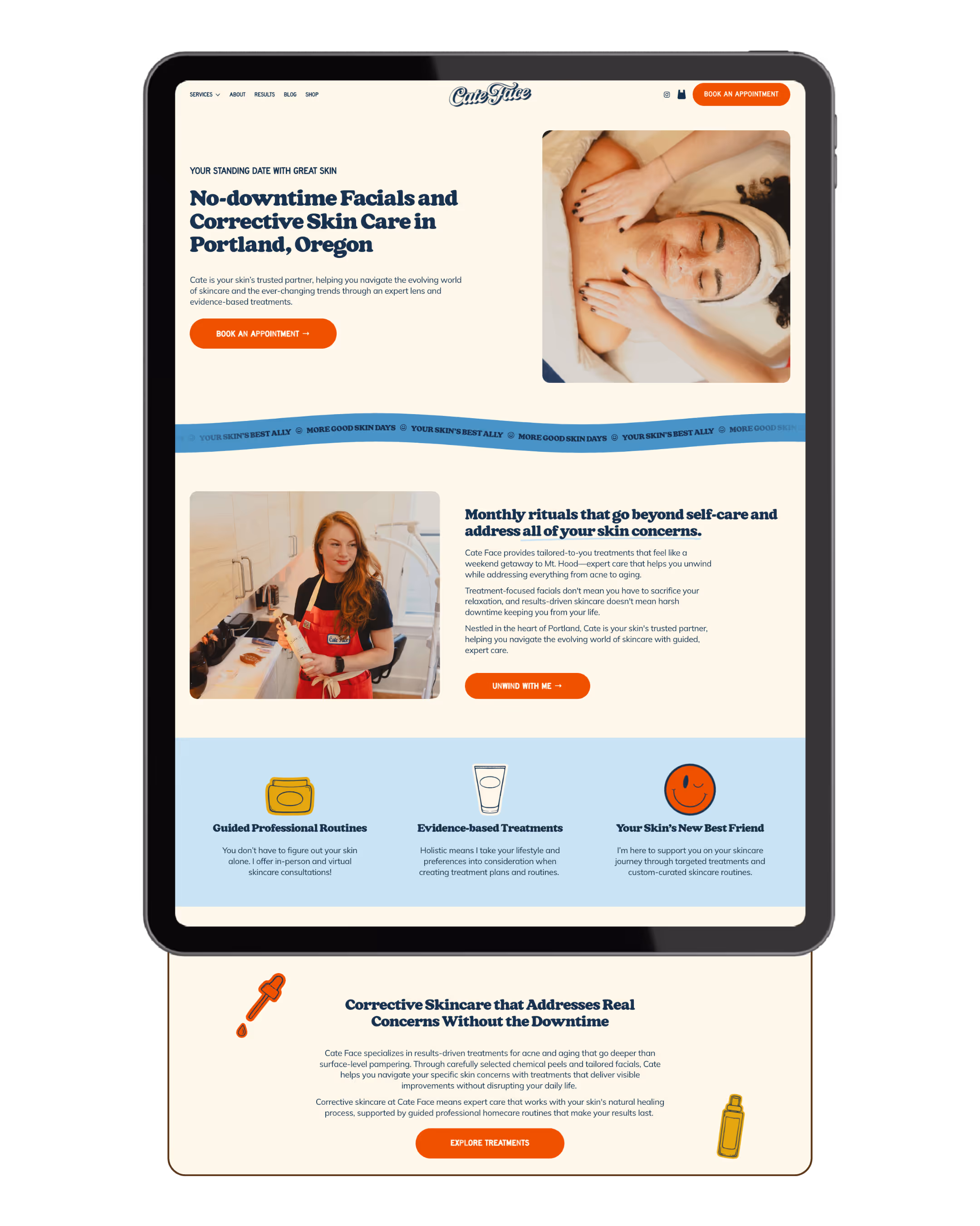 Tablet screen displaying Cate Face website home page with skincare service information, images of a woman receiving a facial and a professional in a red apron, and buttons to book appointments and explore treatments.