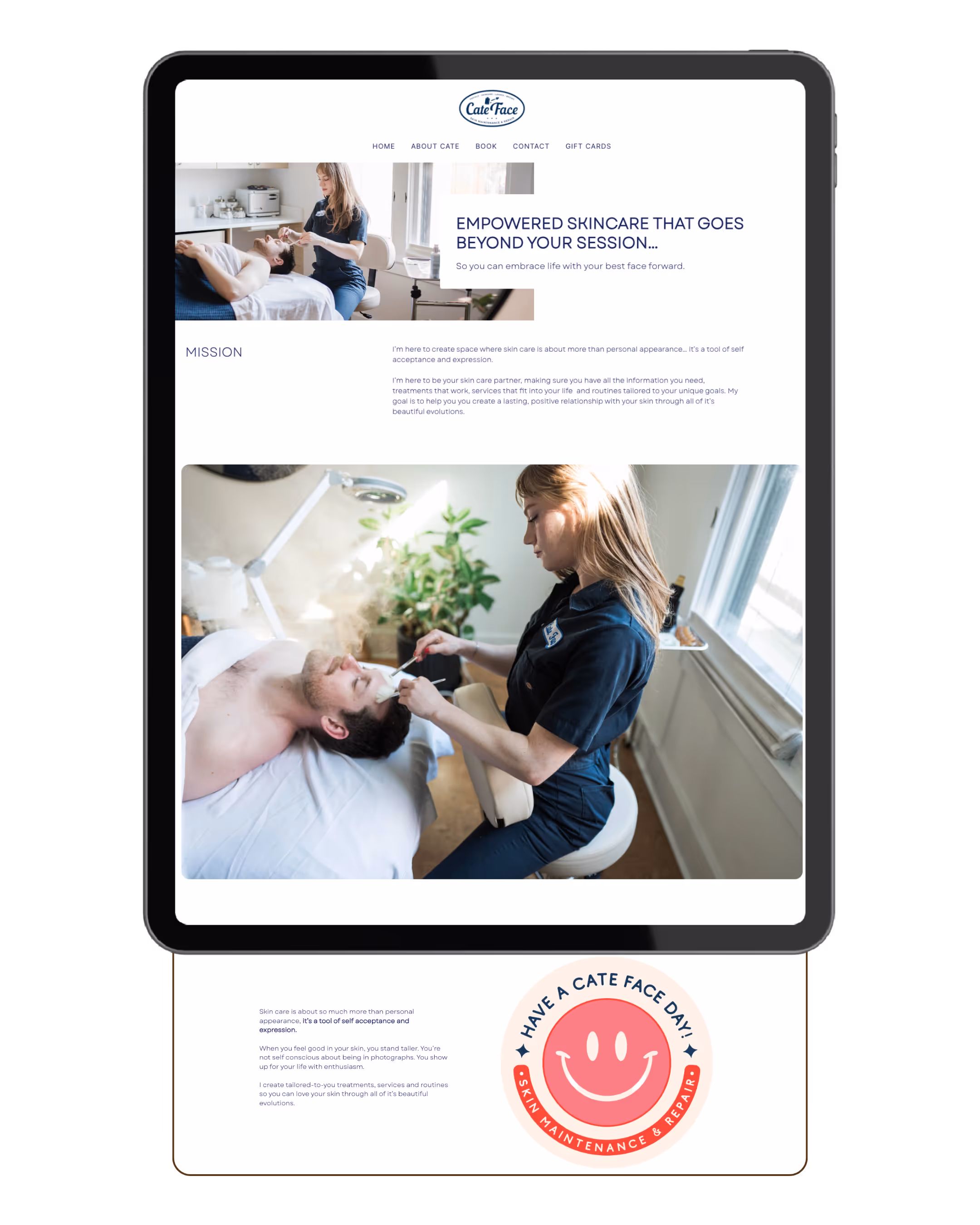 Website homepage showing a skincare professional applying a facial treatment to a man lying on a treatment bed in a bright room.