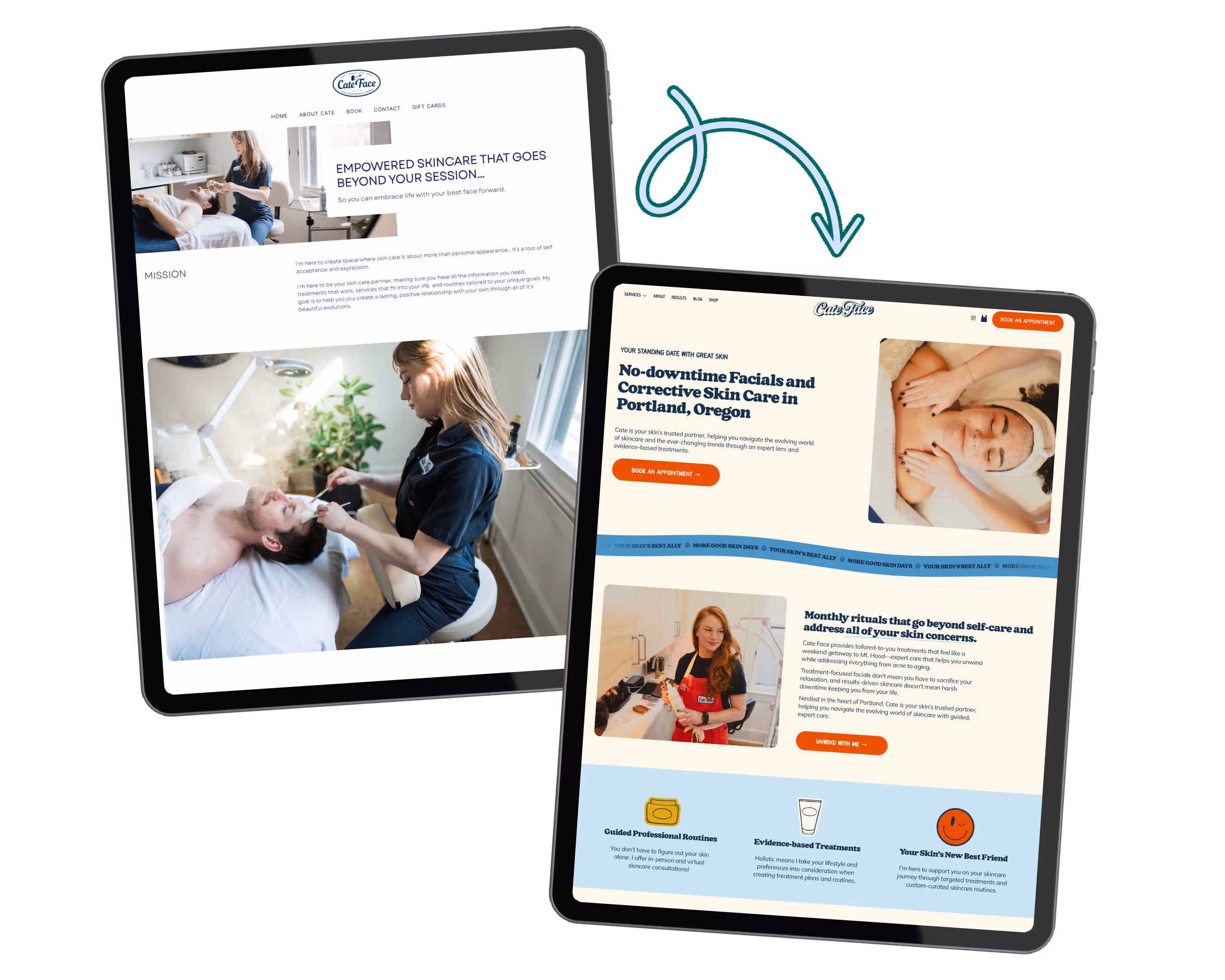 Two tablet screens showing before and after redesigns of a skincare website featuring facial treatment images and service details.