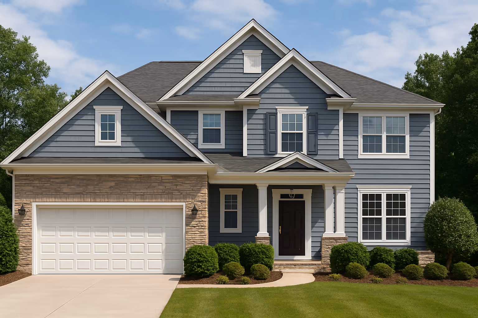 Two-story blue house with white trim, stone accents, a double garage, and a well-maintained front lawn with shrubs.