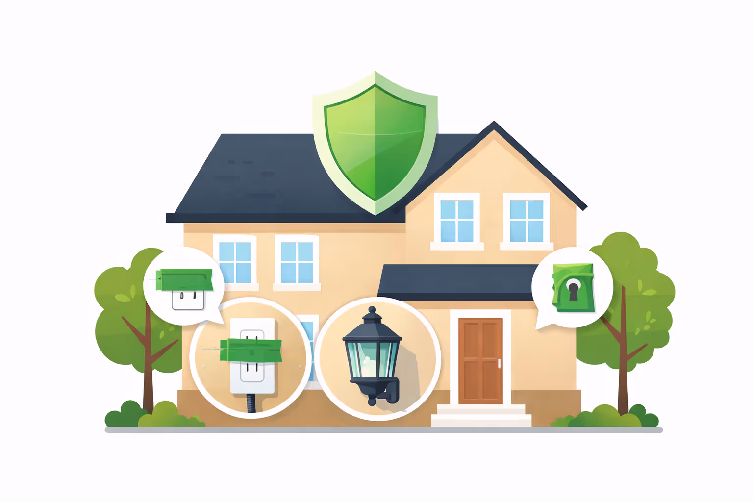 Illustration of a house with a green shield symbolizing protection and zoomed-in views of secured electrical outlets and a locked door.