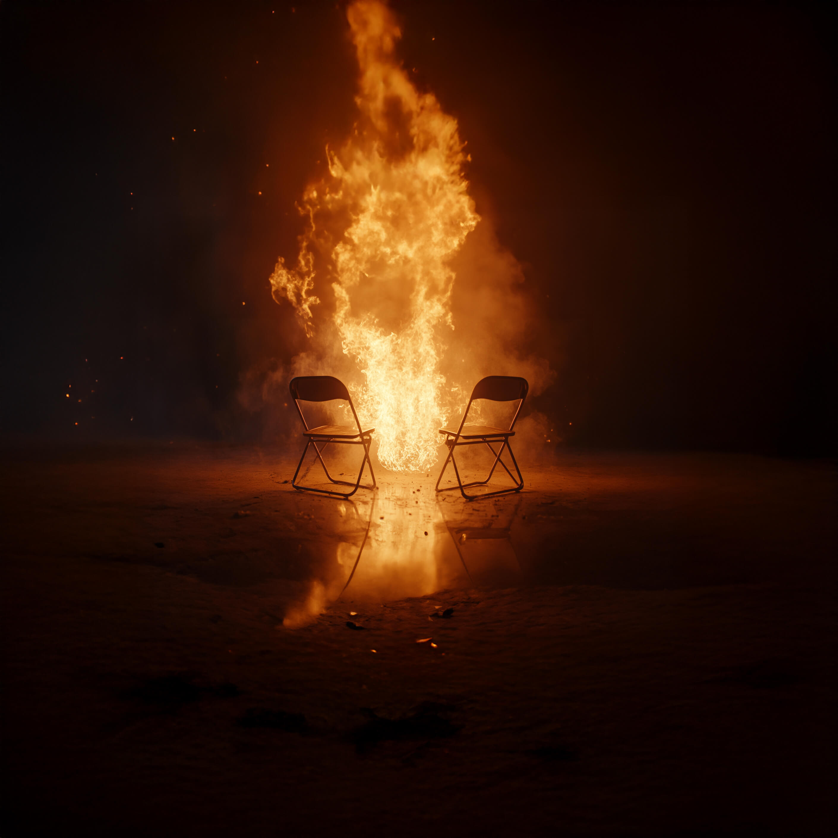 Two empty metal folding chairs facing each other with a large fire blazing between them in a dark space.