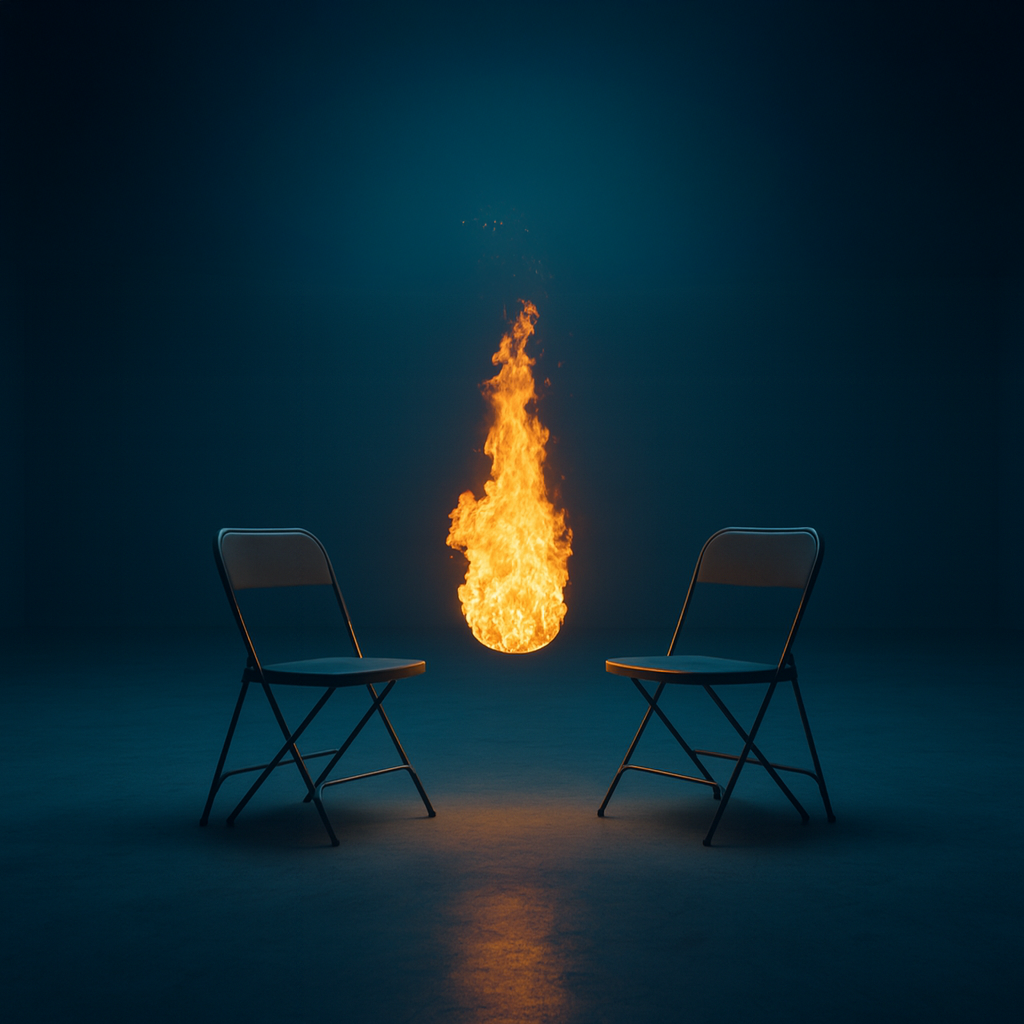 Two empty folding chairs facing each other with a floating fireball burning between them in a dark room.