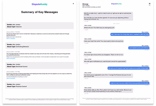 image is an example of the professional print ready pdf that Dispute Buddy generates after it downloads text messages from your iphone for evidence
