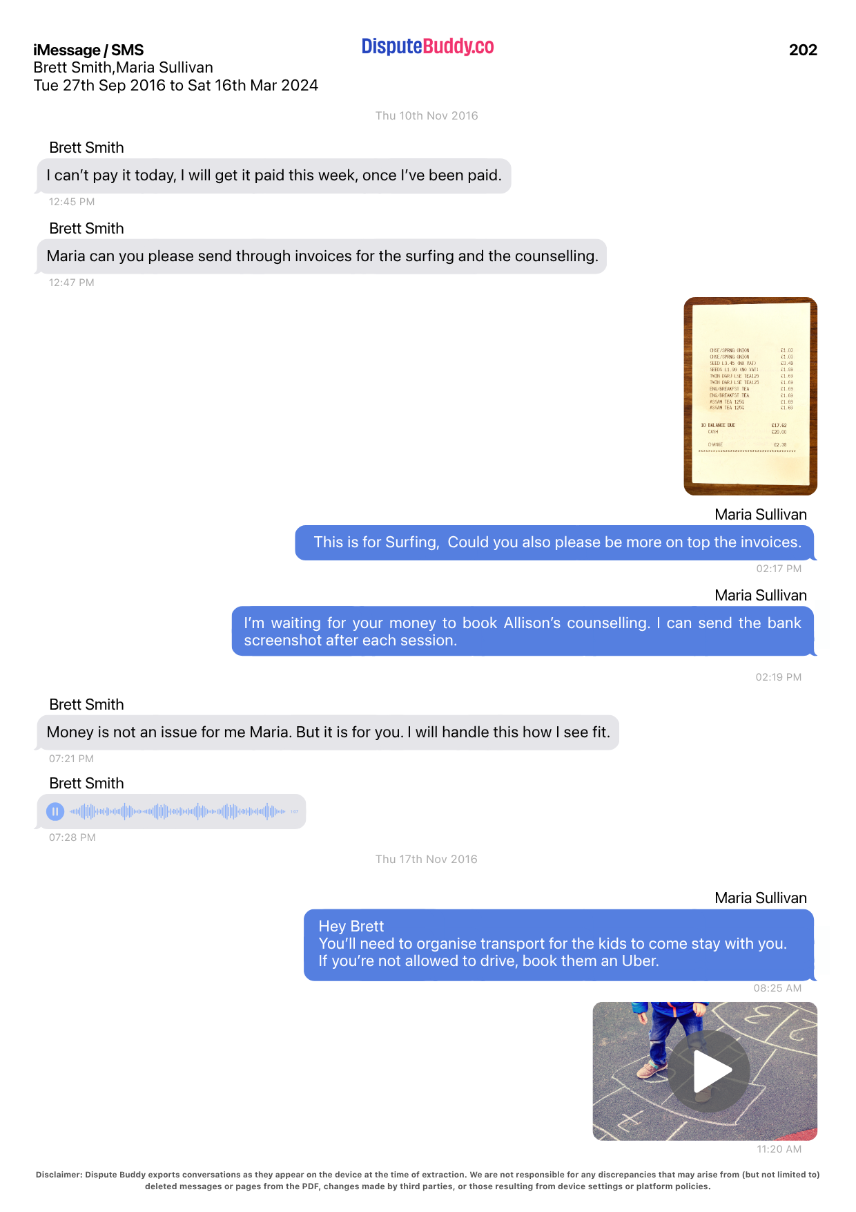 Dispute Buddy PDF report showing a clear, timestamped chronological message history