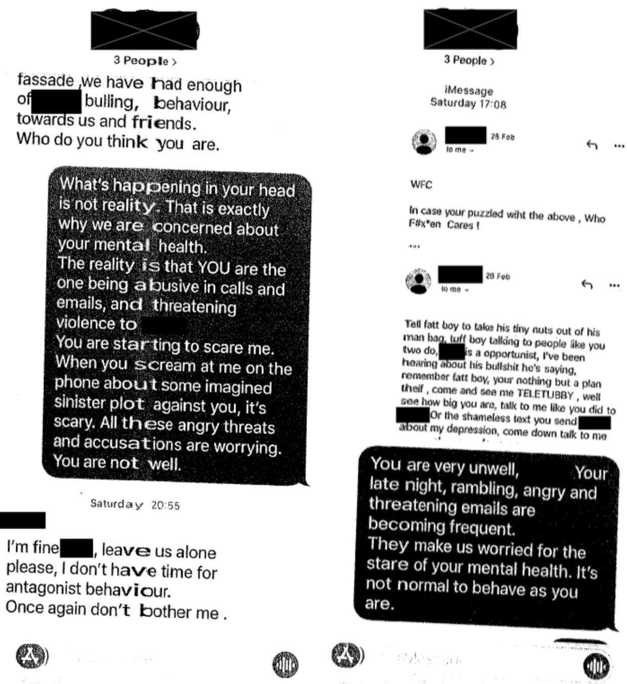 Disorganised, cut-off text message screenshots that are hard to read as evidence