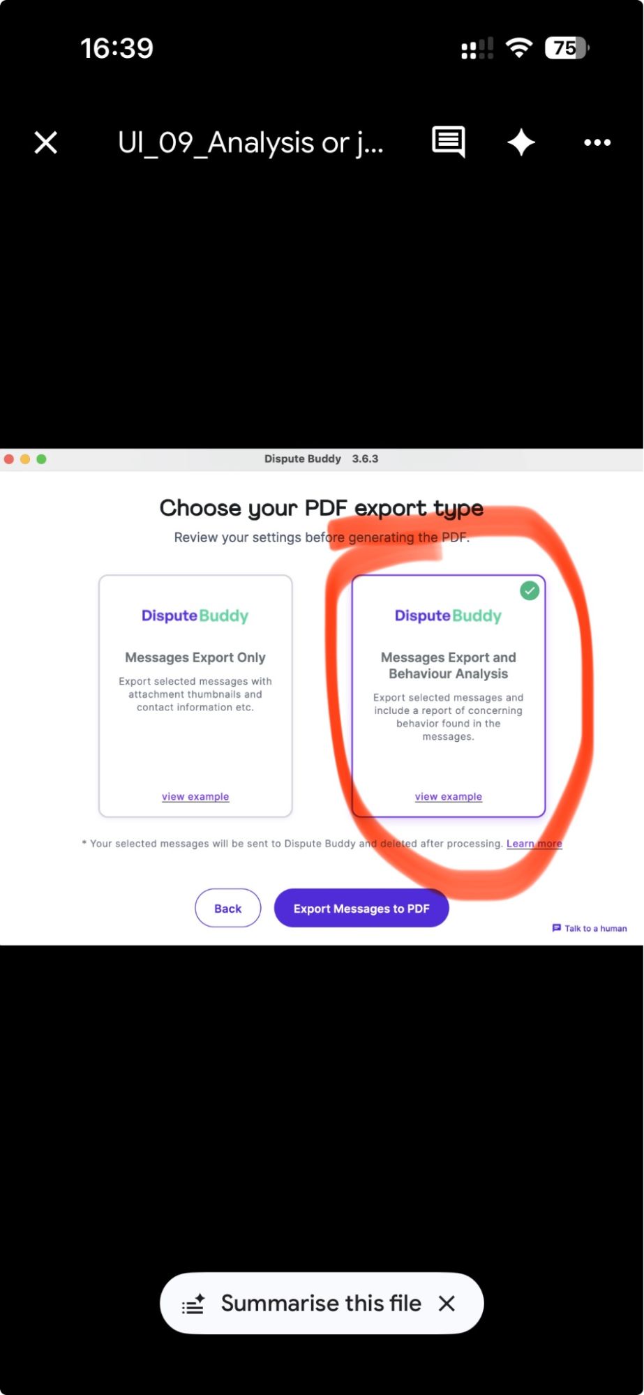 Screenshot of Dispute Buddy export screen showing Messages Export and Behaviour Analysis option