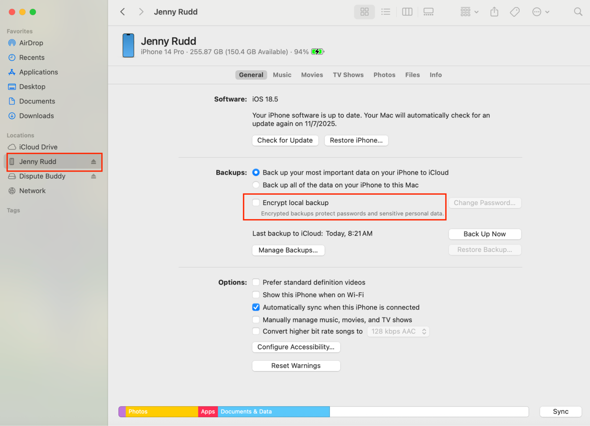 mac encrypt local backup screen
