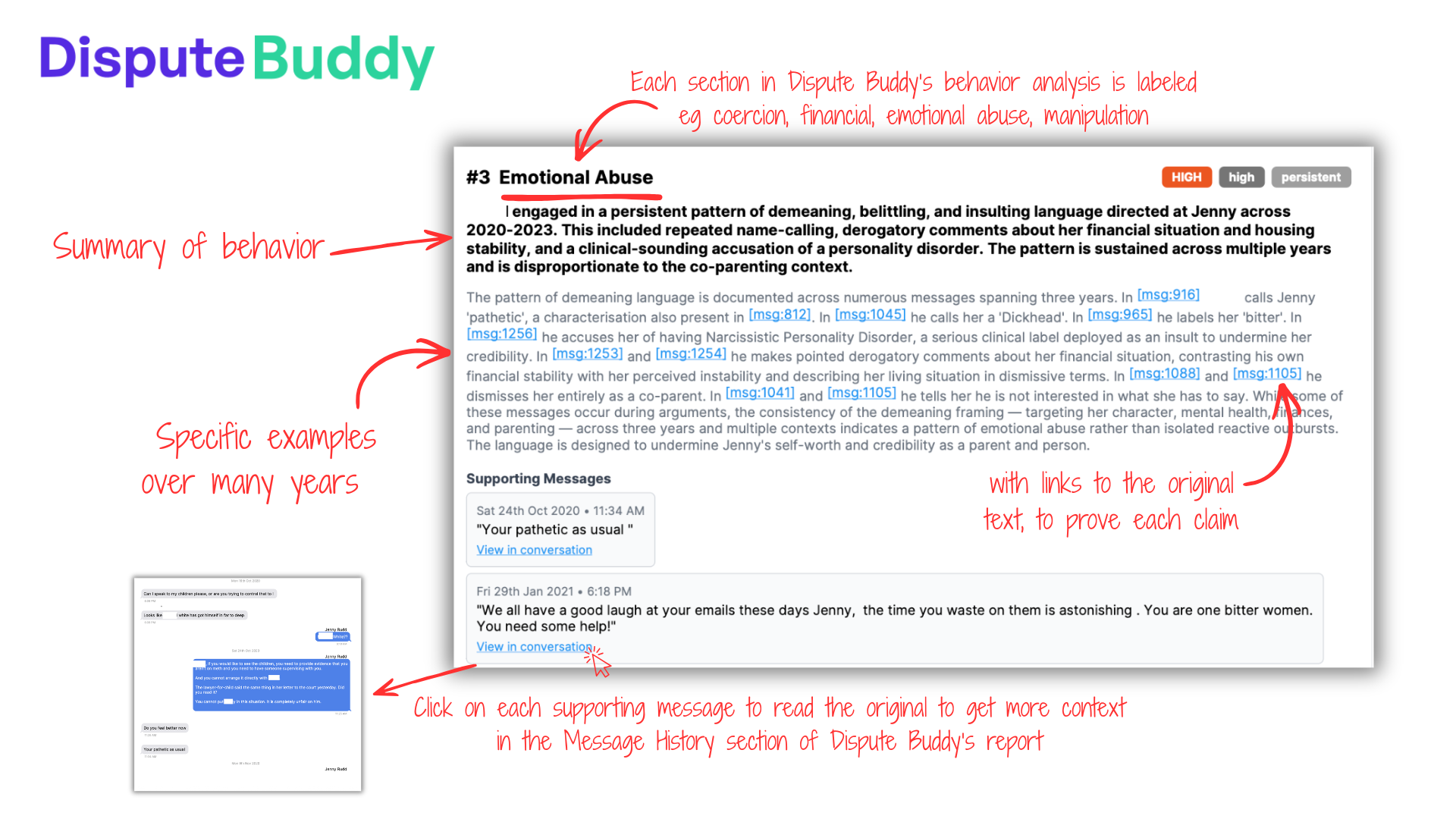 A screenshot of the behavior analysis produced by Dispute Buddy, an app to download texts for court. The screenshot describes emotional abuse between the founder of Dispute Buddy and her ex-husband. It describes the pattern of demeaning, belittling, and insulting language directed at Jenny across 2020 to 2023. 