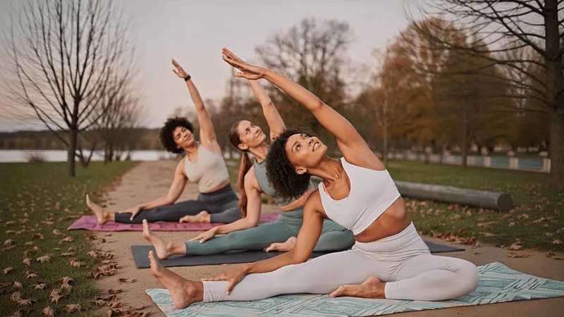 Outdoor yoga session with group on mats