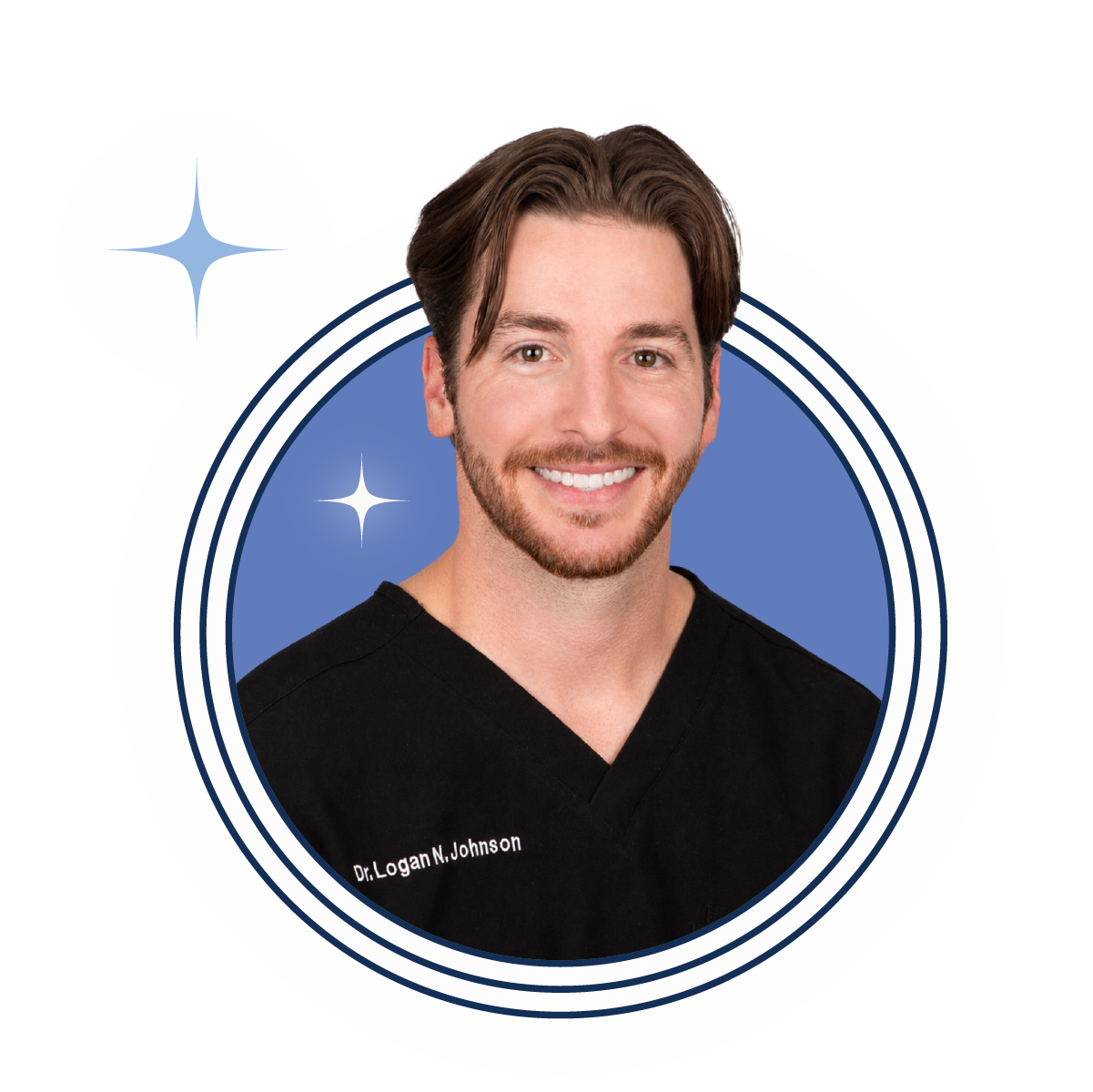 Smiling man with brown hair and beard wearing a black medical scrub top with name embroidery, against a blue circular background with white star-like sparkles.