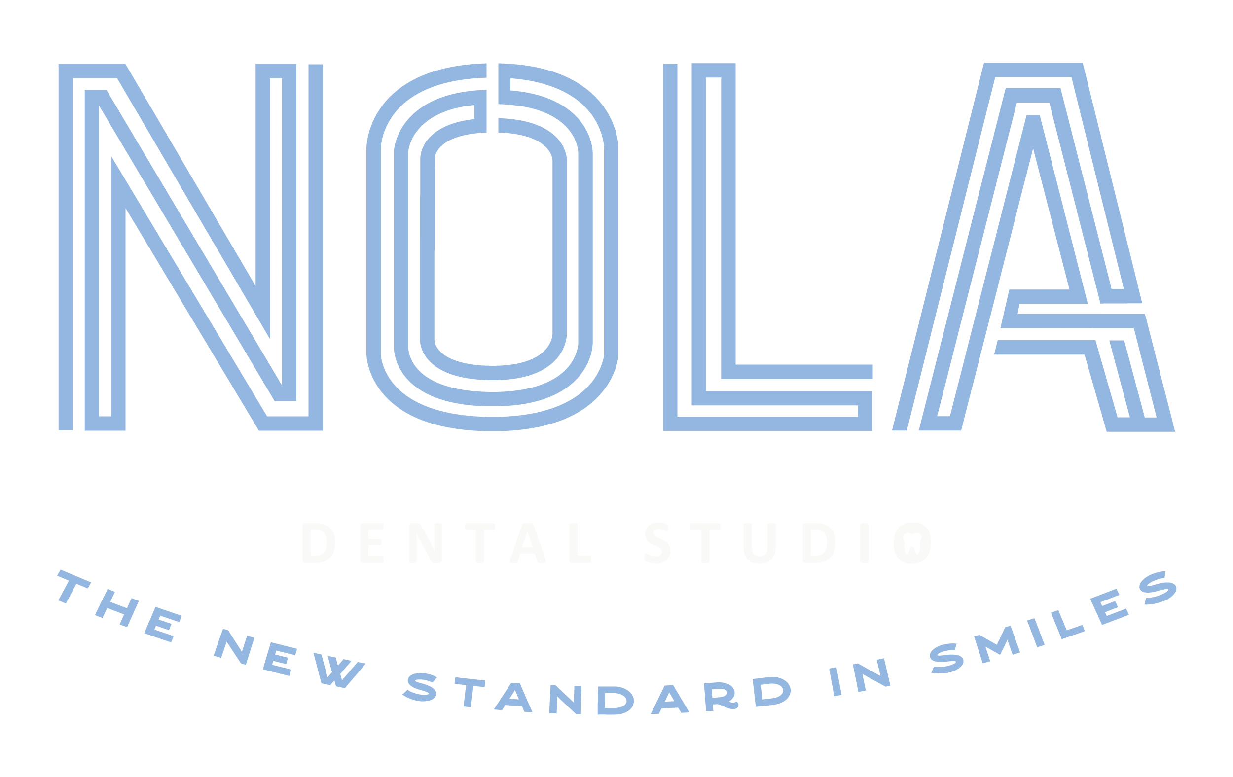 Logo with large stylized text NOLA in blue with the words DENTAL STUDIO in white below and the slogan THE NEW STANDARD IN SMILES curved underneath.