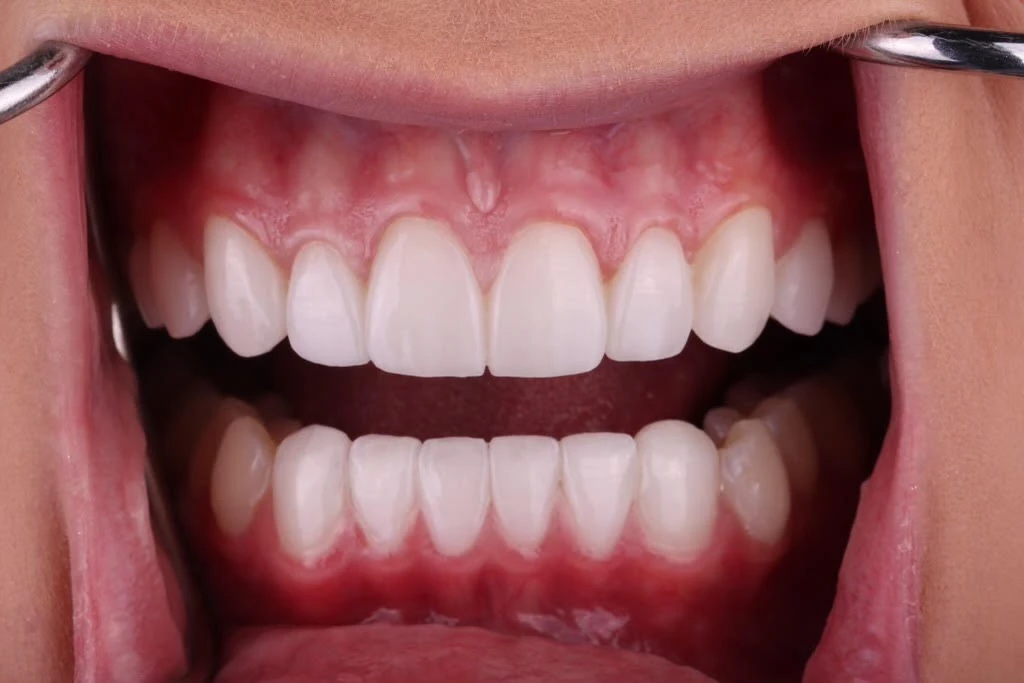 Close-up view of healthy upper and lower teeth with gums visible, held open by metal dental retractors.