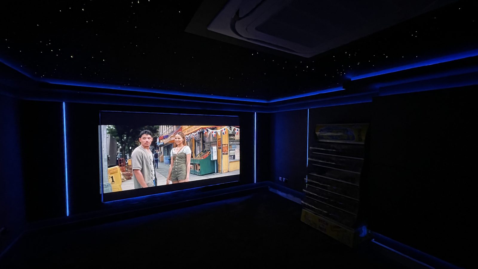 Finished basement home cinema, opposite angle