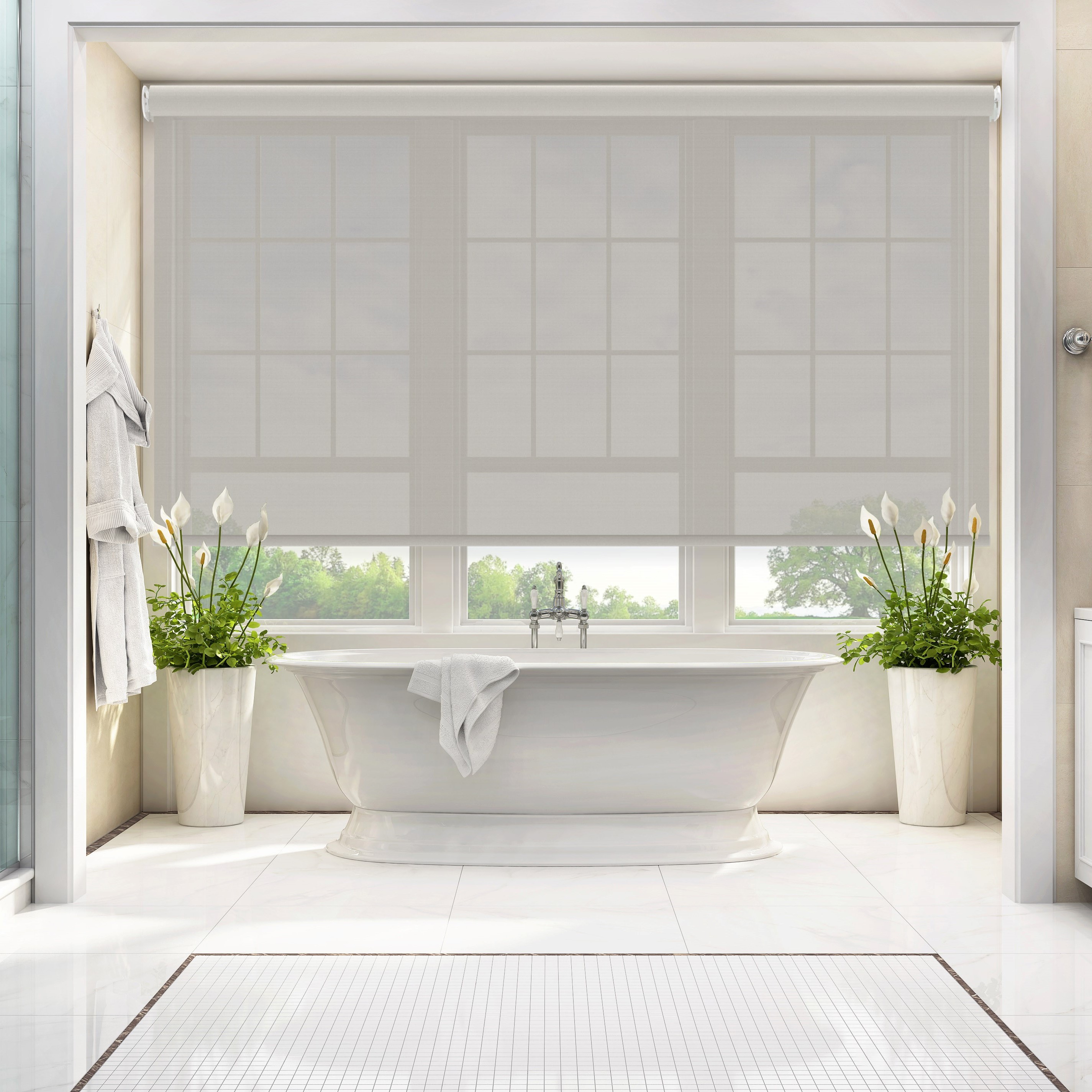 QMotion automated shade in a bathroom, installed by Horizon Home Cinema