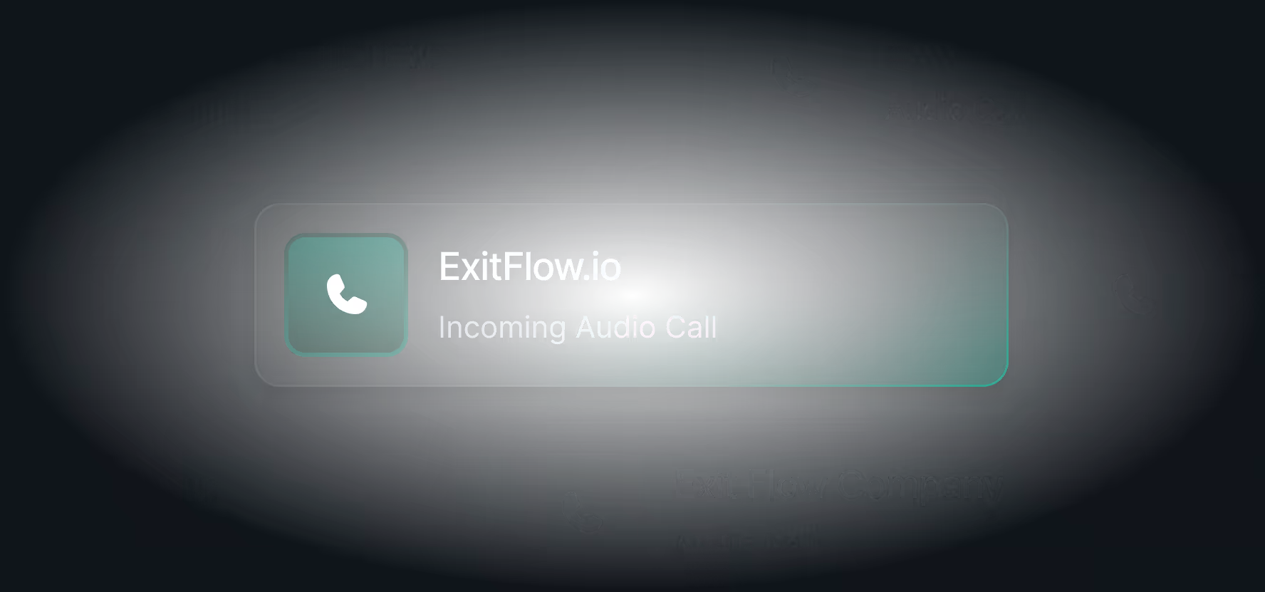 Notification of an incoming audio call from ExitFlow.io with a phone icon on a green background.