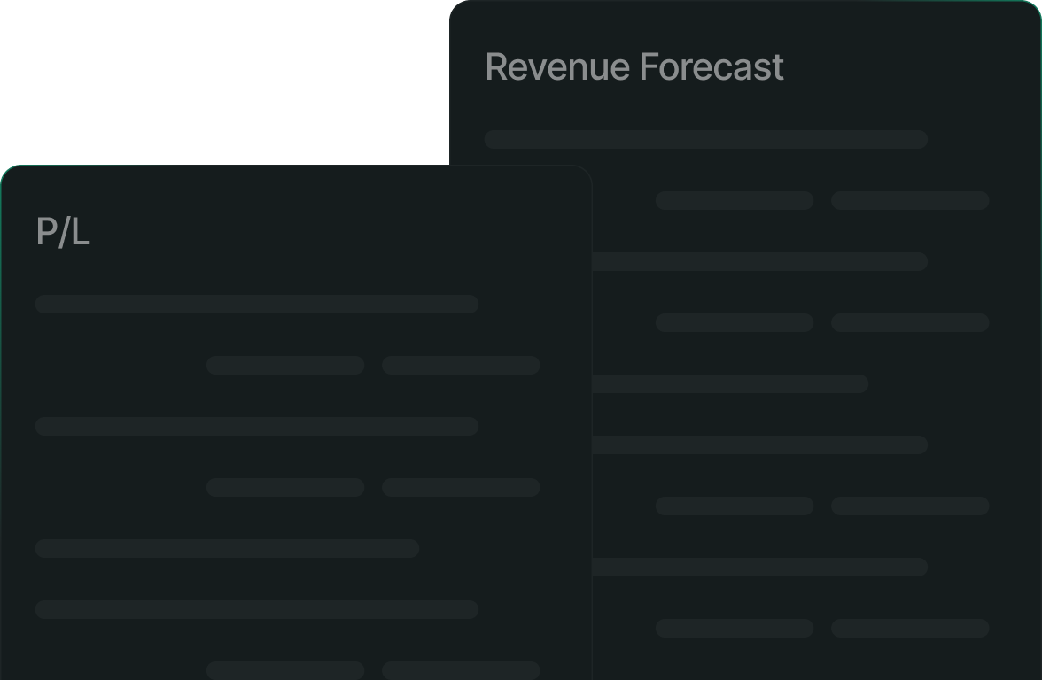Two overlapping dark-themed financial report panels, one titled 'P/L' and the other 'Revenue Forecast', with blurred line and block text representing financial data.
