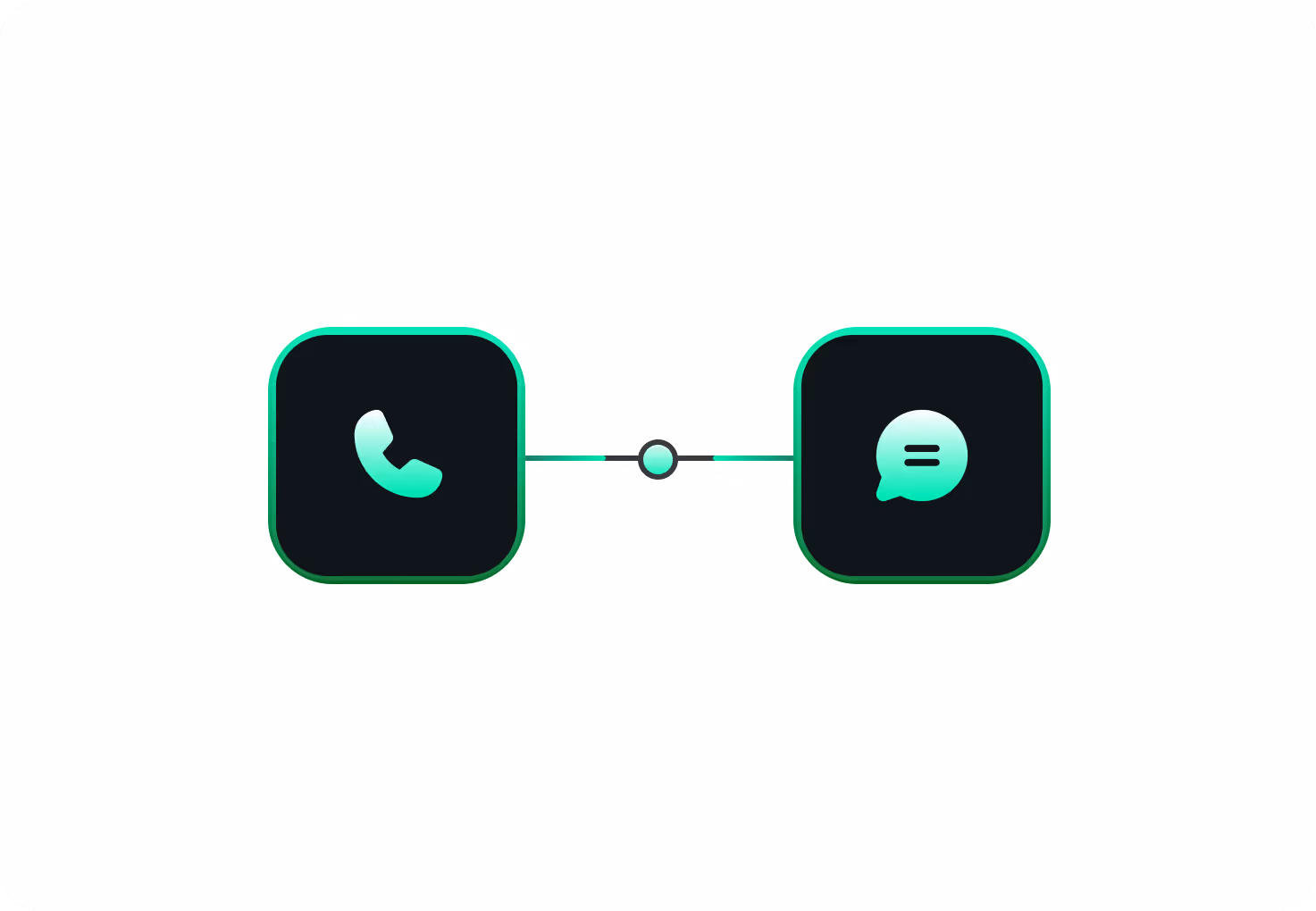Two black squares with rounded corners connected by a line, left square has a phone icon and right square has a speech bubble icon with text lines.