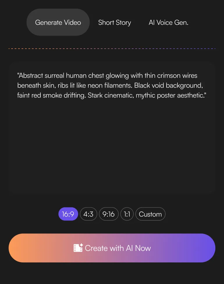 User interface with text input describing an abstract surreal human chest with glowing crimson wires beneath skin, black background, and faint red smoke, along with aspect ratio options and a gradient button labeled 'Create with AI Now.'