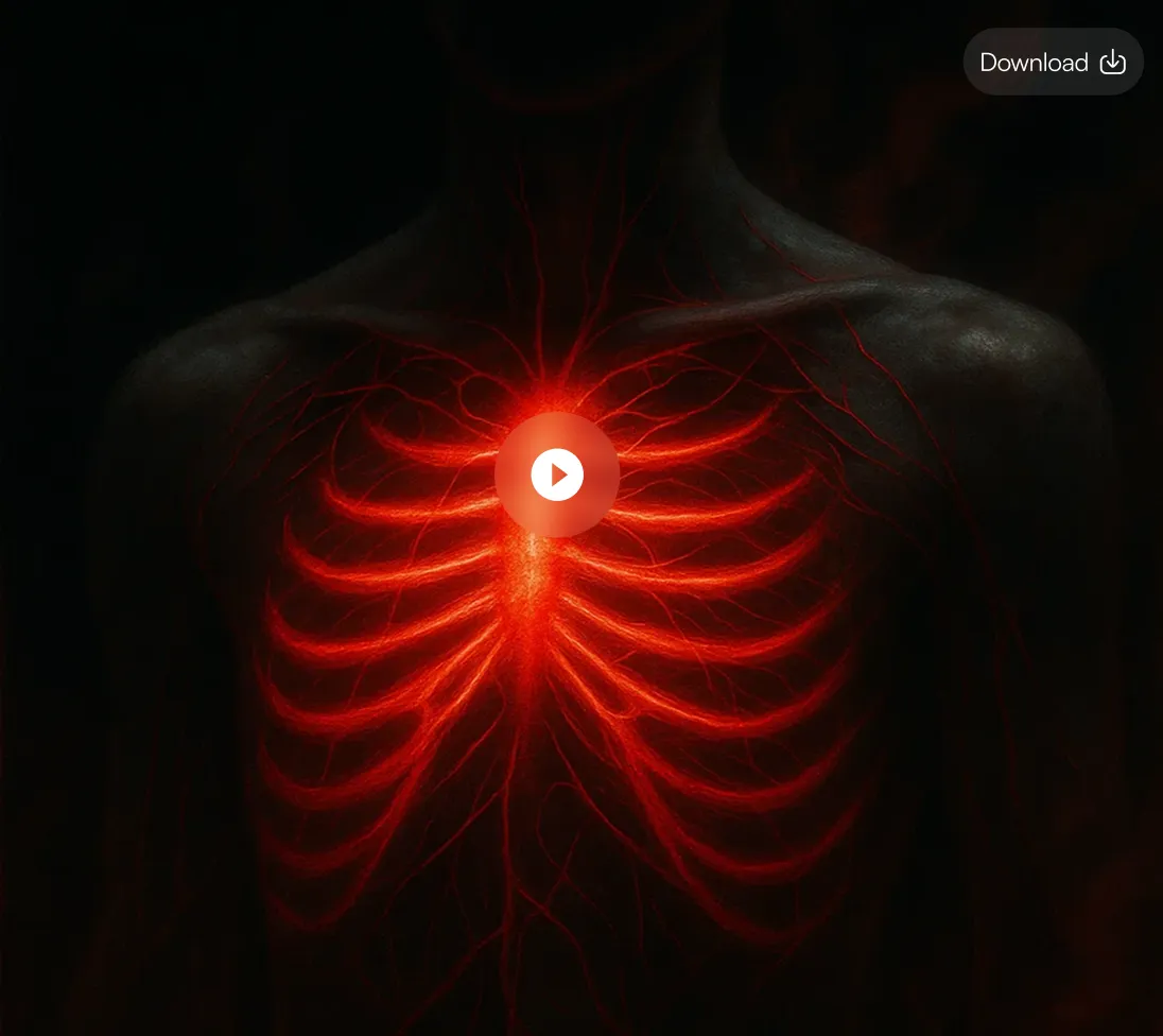 Glowing red illustration of a human ribcage and circulatory system on a dark background.
