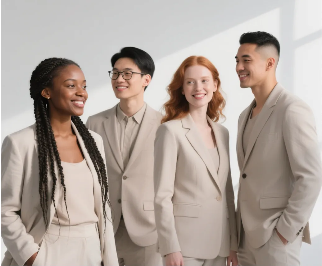 Four diverse young professionals standing indoors, smiling, and dressed in light beige business attire.