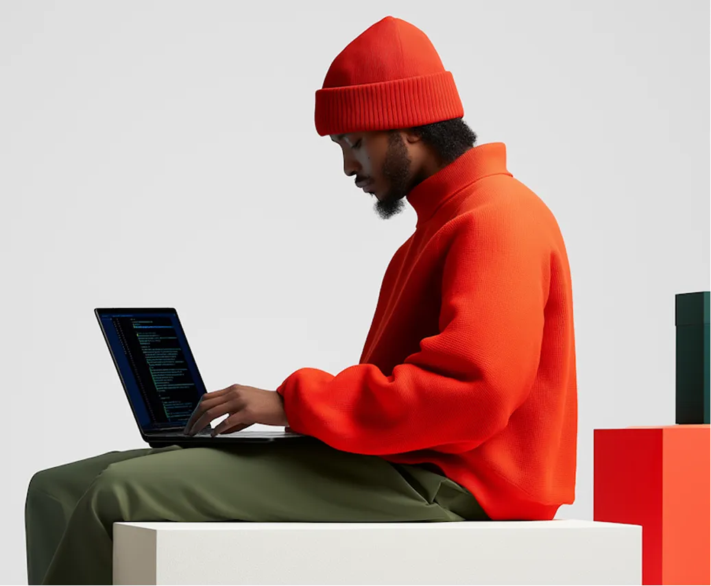Person wearing a red beanie and red sweater typing on a laptop while seated on a white block.