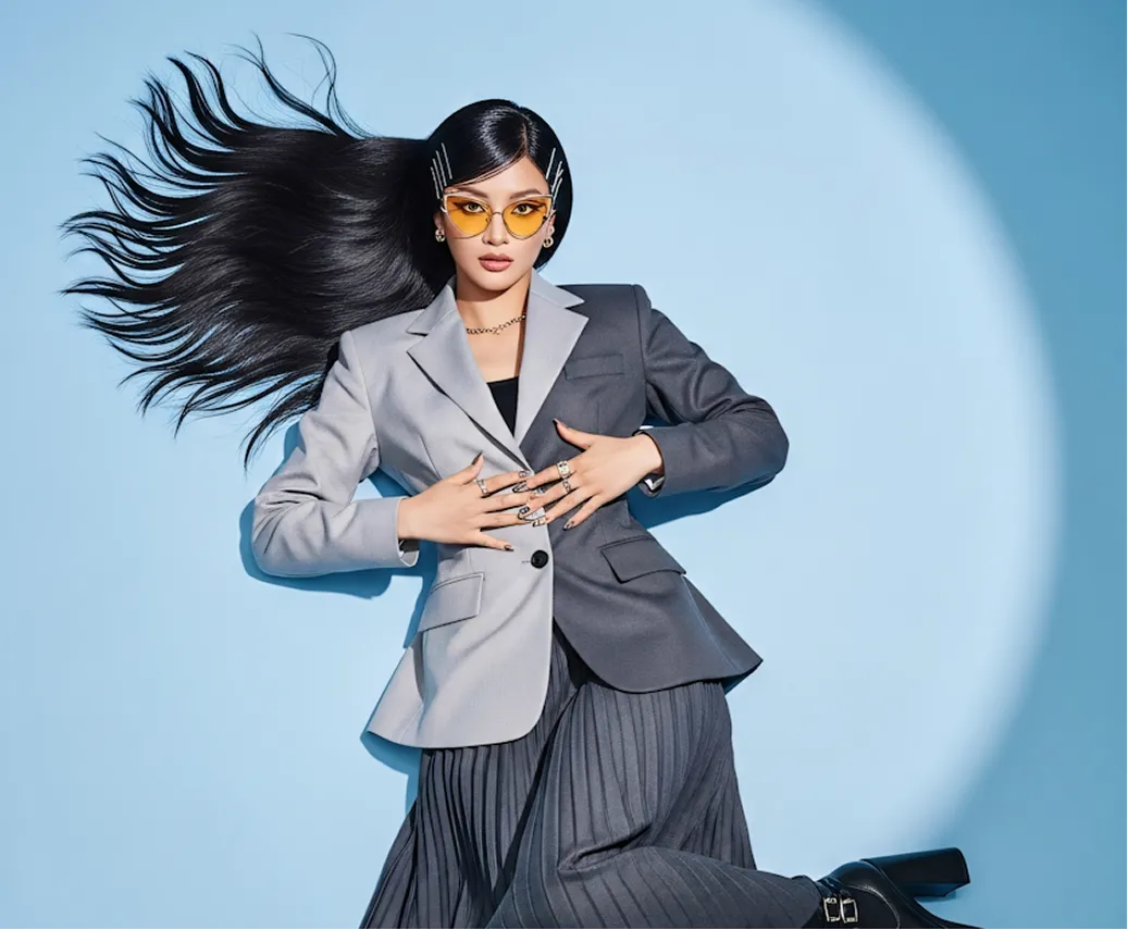 Woman with long flowing black hair wearing two-tone blazer, pleated skirt, yellow sunglasses, and black boots against light blue background.