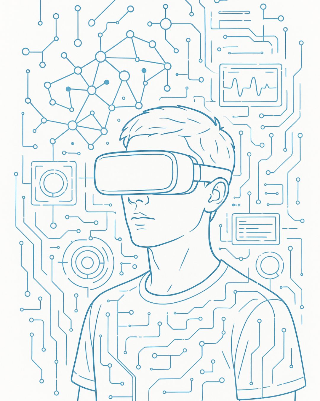 Futuristic VR technology visualization showing interconnected nodes, holographic UI fragments, and minimal clinical circuits. White background, no headset on human.