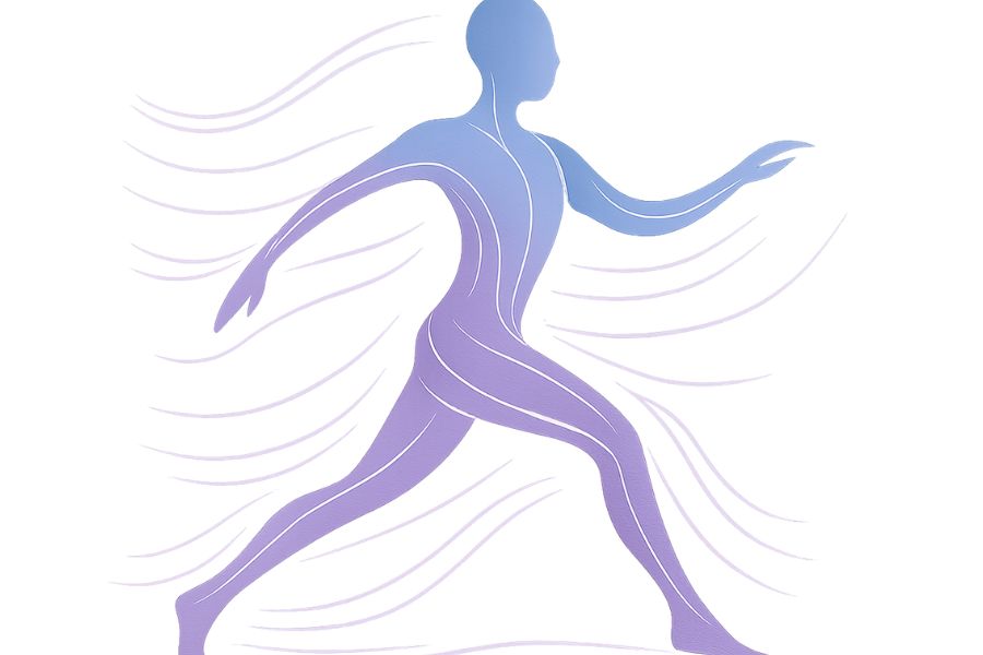 A stylized human silhouette made of flowing gradient motion lines in soft purples/blues, representing physical alignment and coordinated movement.