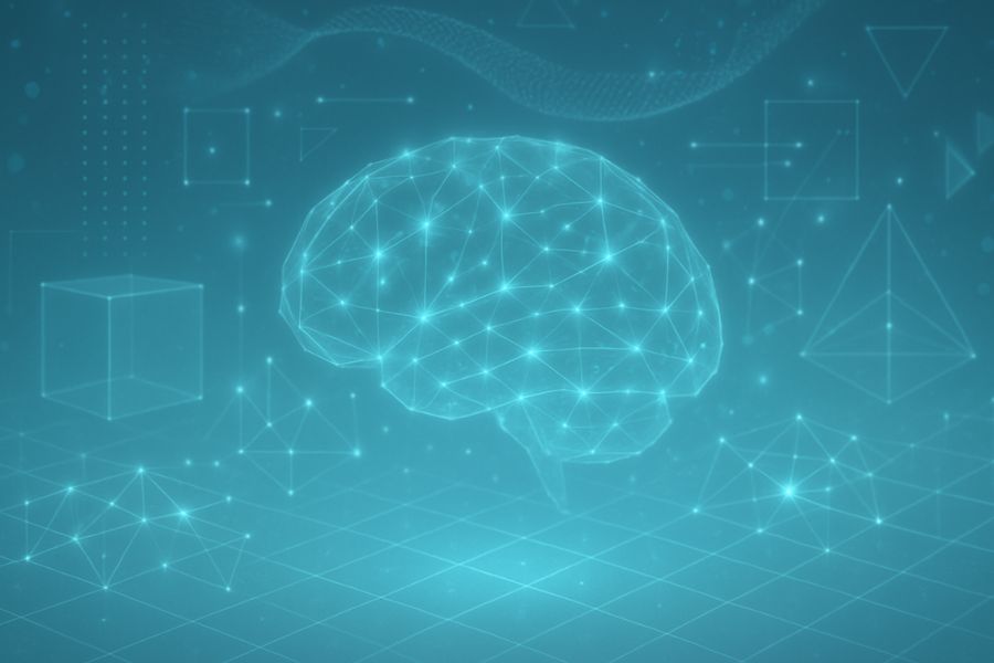 An abstract cognitive VR landscape featuring subtle holographic shapes, dynamic geometric sequences, and shimmering synaptic lights. Represents cognitive flexibility, processing speed, and mental clarity. Modern, clinical, no humans.