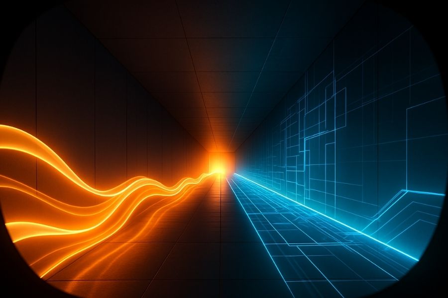 A virtual corridor viewed from inside VR where two distinct but harmonious light paths run parallel—one warm, flowing, organic (representing medication-assisted internal stabilization), and the other cool, structured, and holographic (representing VR immersion). The paths merge into a single glowing horizon ahead. Abstract, modern, compliant.
