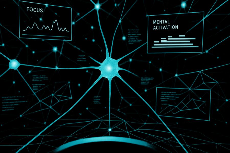 VR interface with neural and cognitive activation overlays.