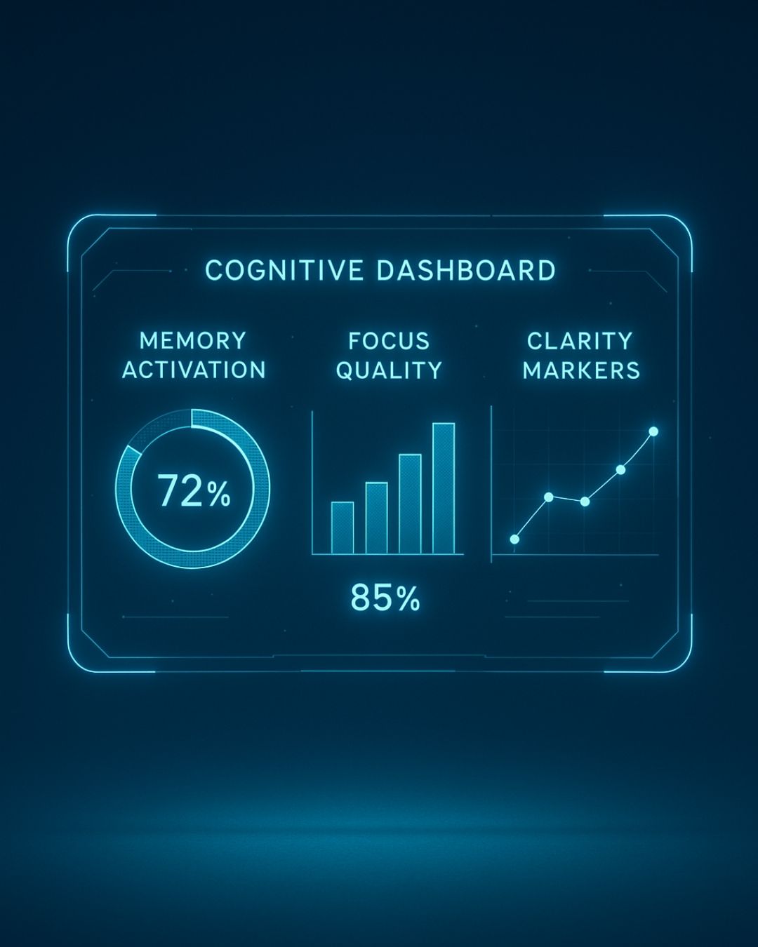 A holographic cognitive dashboard with metrics for memory activation, focus quality, and clarity markers displayed in a clean VR UI.