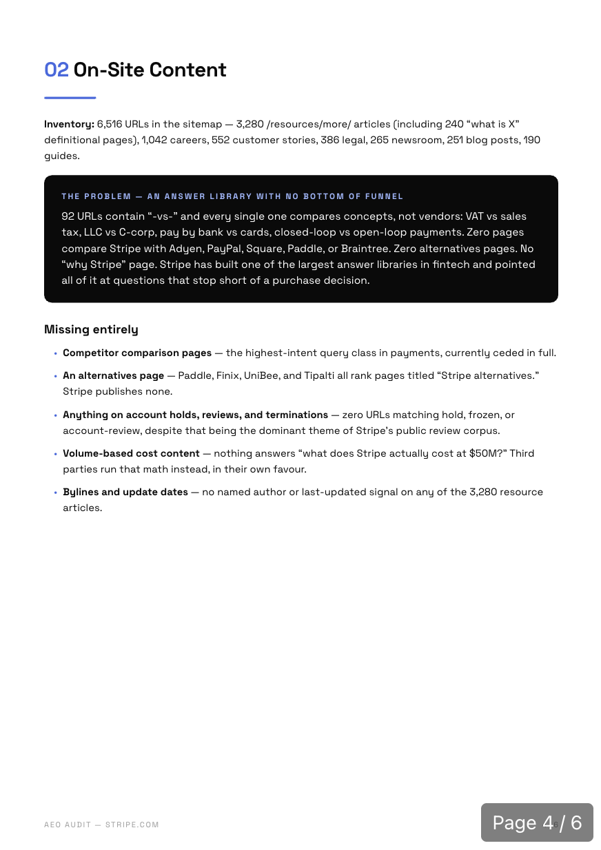 AEO Report Card sample page showing on-site content findings