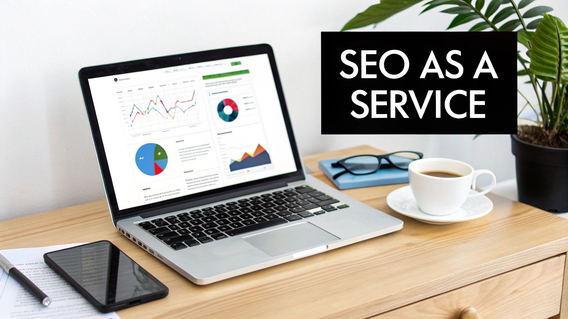 A laptop on a wooden desk displays SEO analytics, with coffee, glasses, and a plant nearby. 'SEO AS A SERVICE' text overlay.