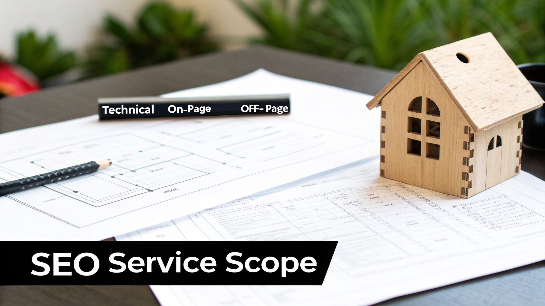 Desk with blueprints, a wooden house model, and a bar showing Technical, On-Page, Off-Page SEO.
