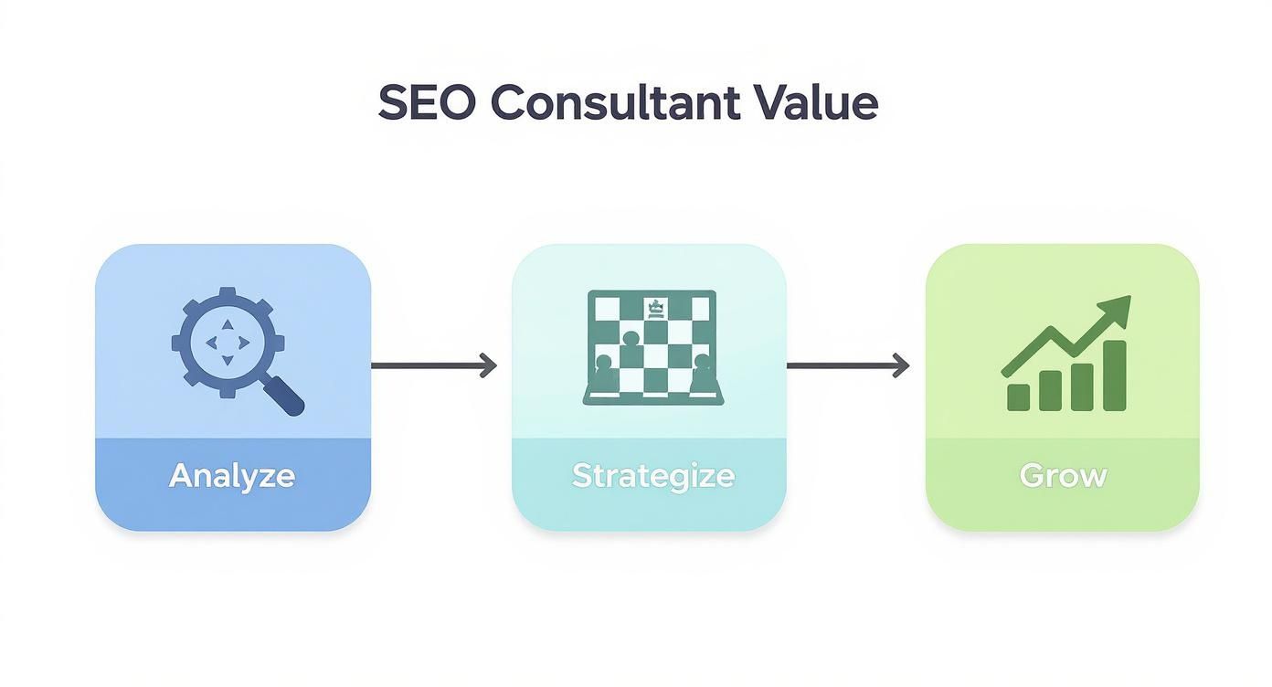 A visual showing an SEO consultant's value: analyze, strategize, and grow with magnifying glass, chessboard, and growth chart icons.