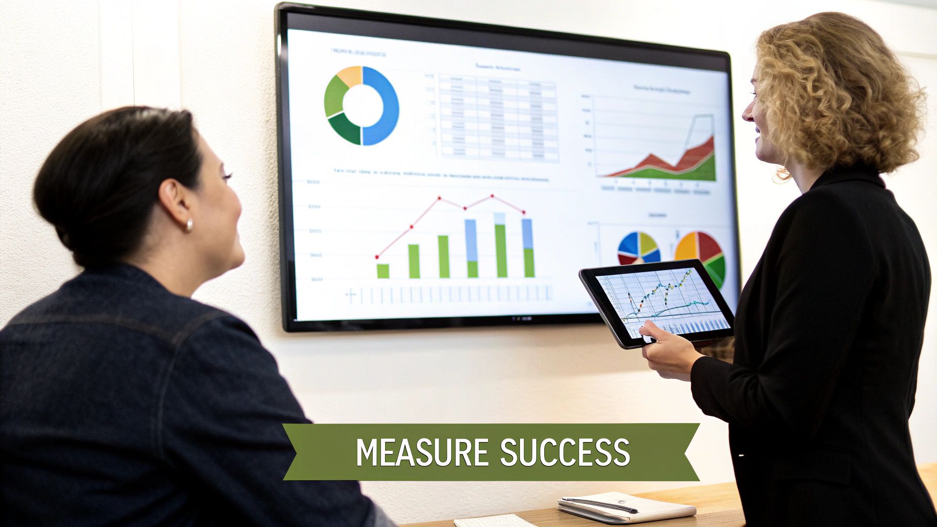 Two businesswomen analyze data and analytics on a large screen and tablet, measuring success in a meeting.