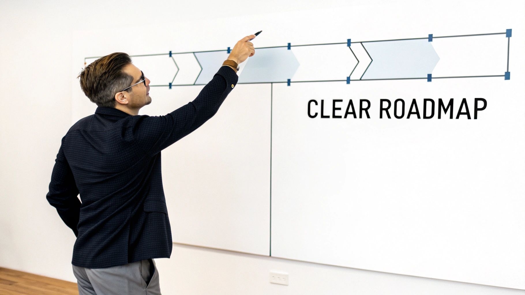 Man pointing at a whiteboard with a clear roadmap diagram and 'CLEAR ROADMAP' text.