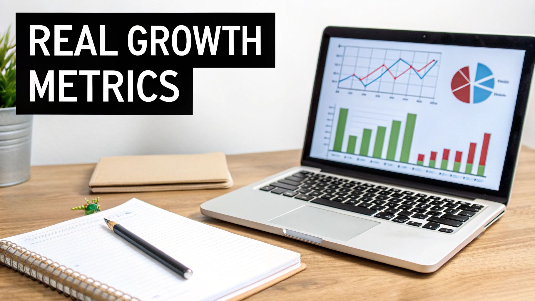 Laptop on a wooden desk displaying real growth metrics with charts, a notebook, and a pencil.