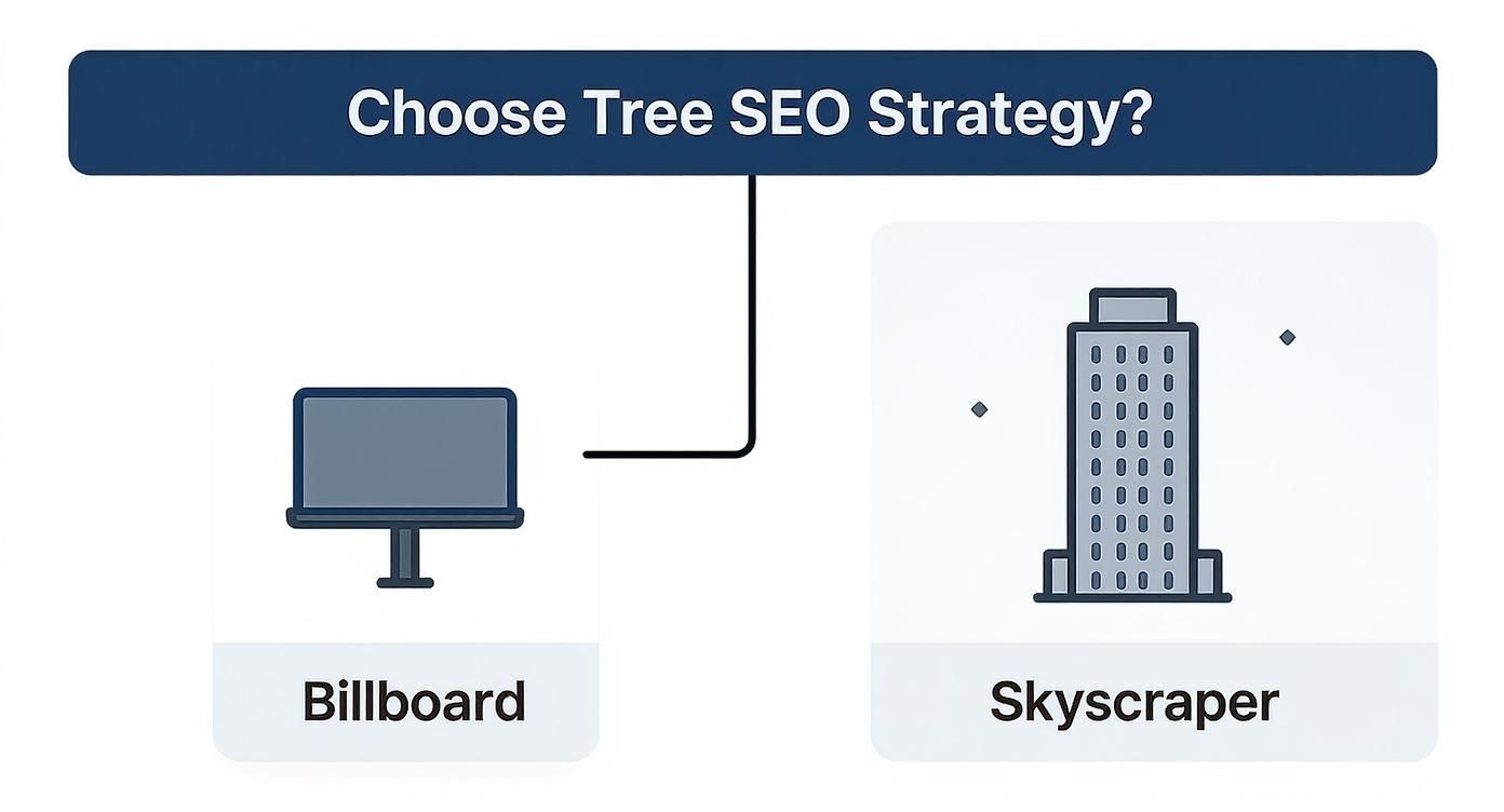 Diagram comparing two Tree SEO strategies: Billboard, represented by a monitor icon, and Skyscraper, represented by a building icon.