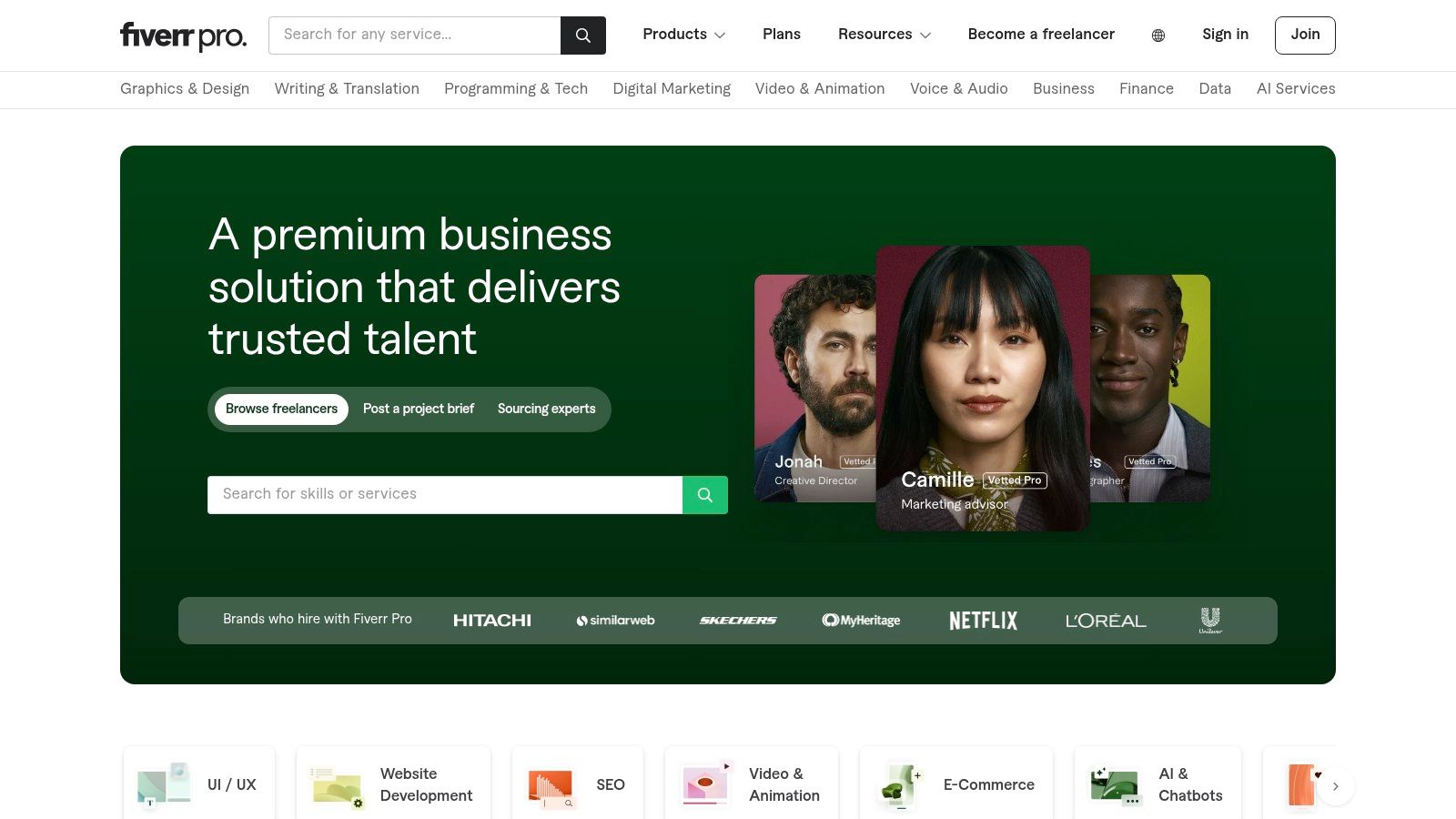 A screenshot of the Fiverr Pro platform showcasing profiles of verified Pro SEO consultants, their starting prices, and star ratings.