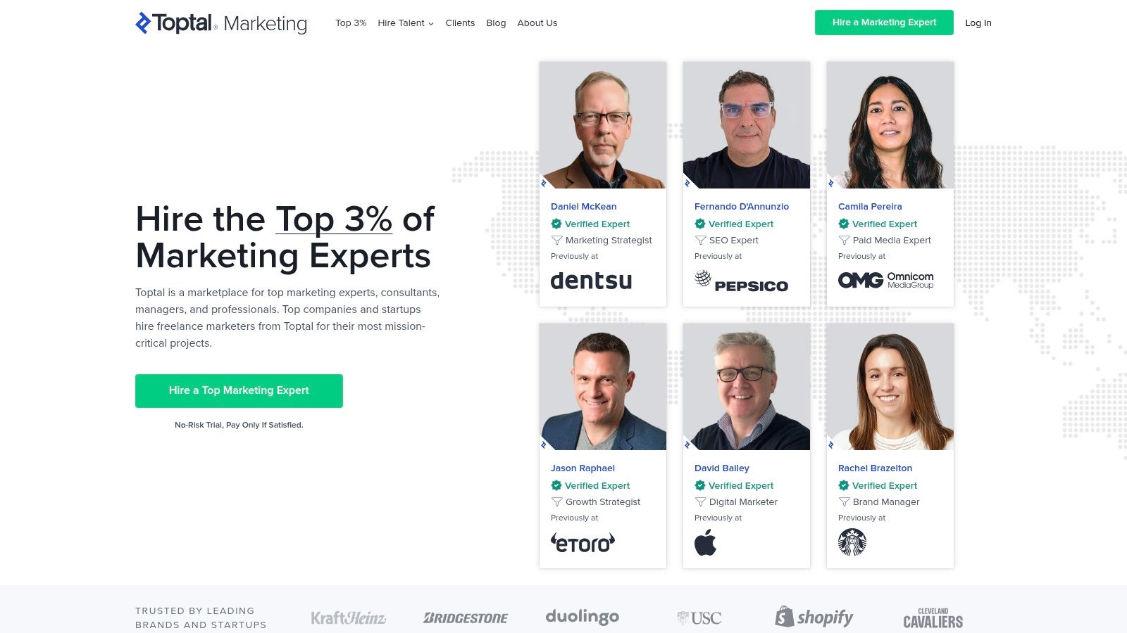 A screenshot of the Toptal platform highlighting their network of elite marketing experts, including SEO strategists.
