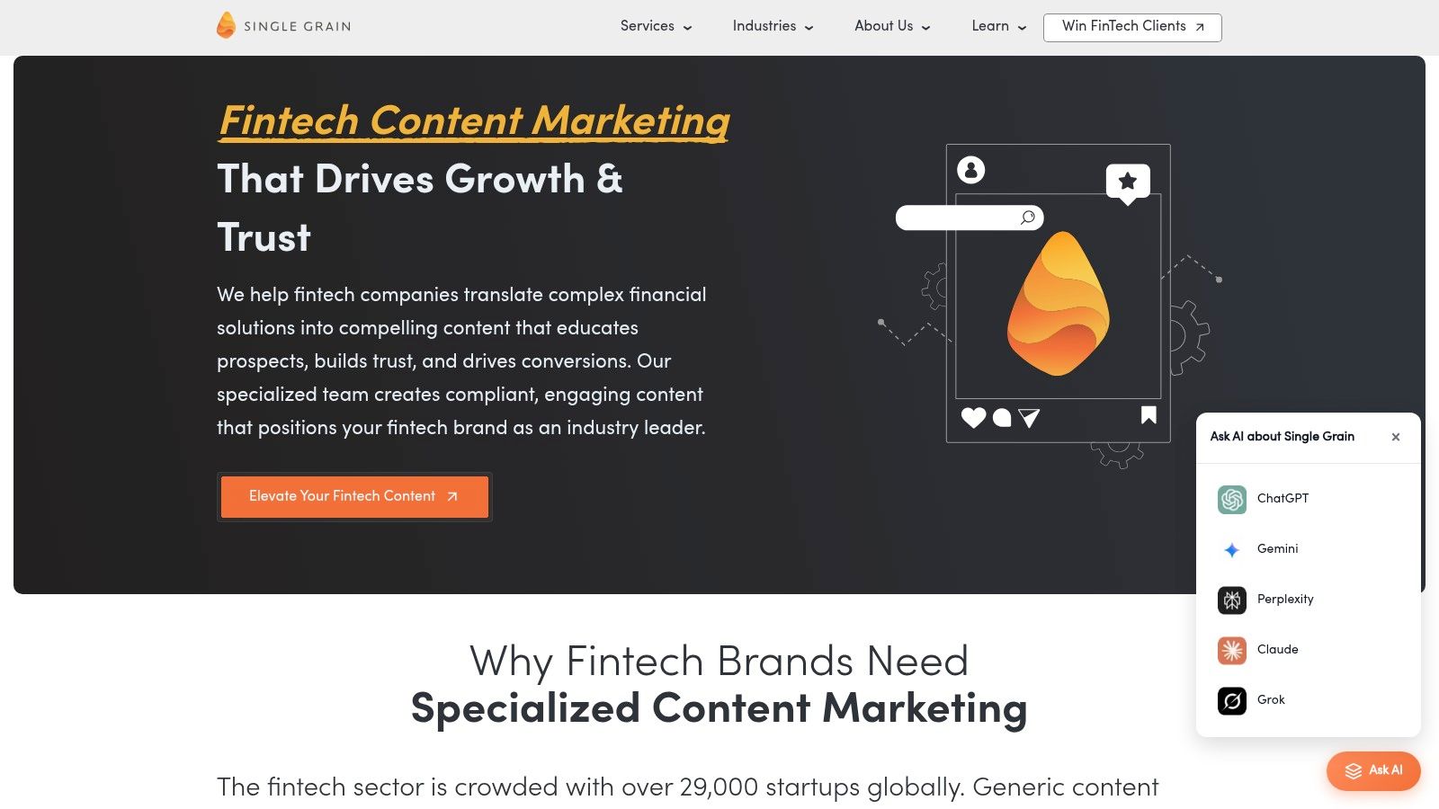 A screenshot of the Single Grain website's FinTech marketing page, highlighting their focus on driving growth for financial technology companies.