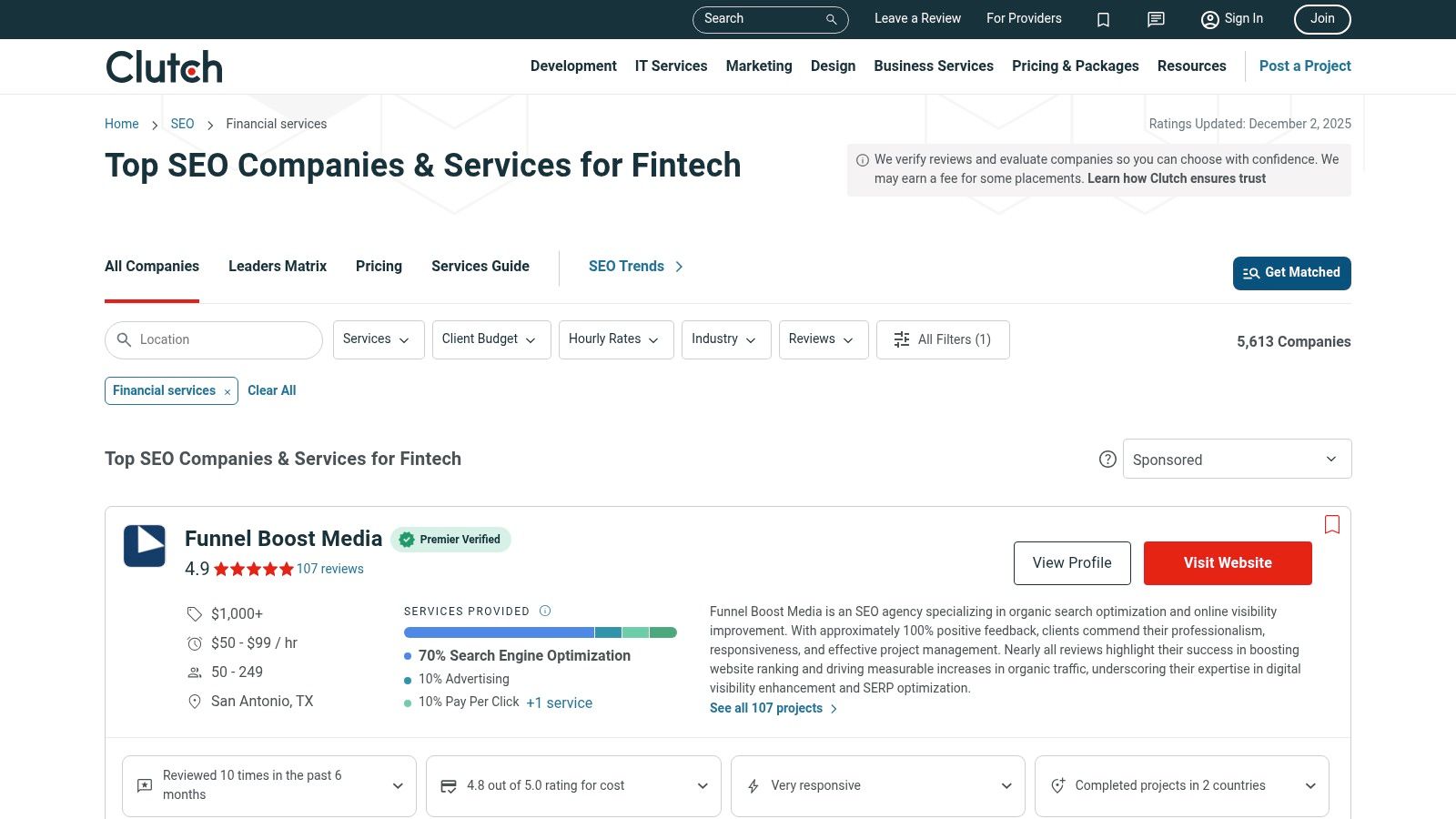 A screenshot of the Clutch website's SEO firms for the financial services industry page, showing a list of companies with their reviews, hourly rates, and minimum project sizes.