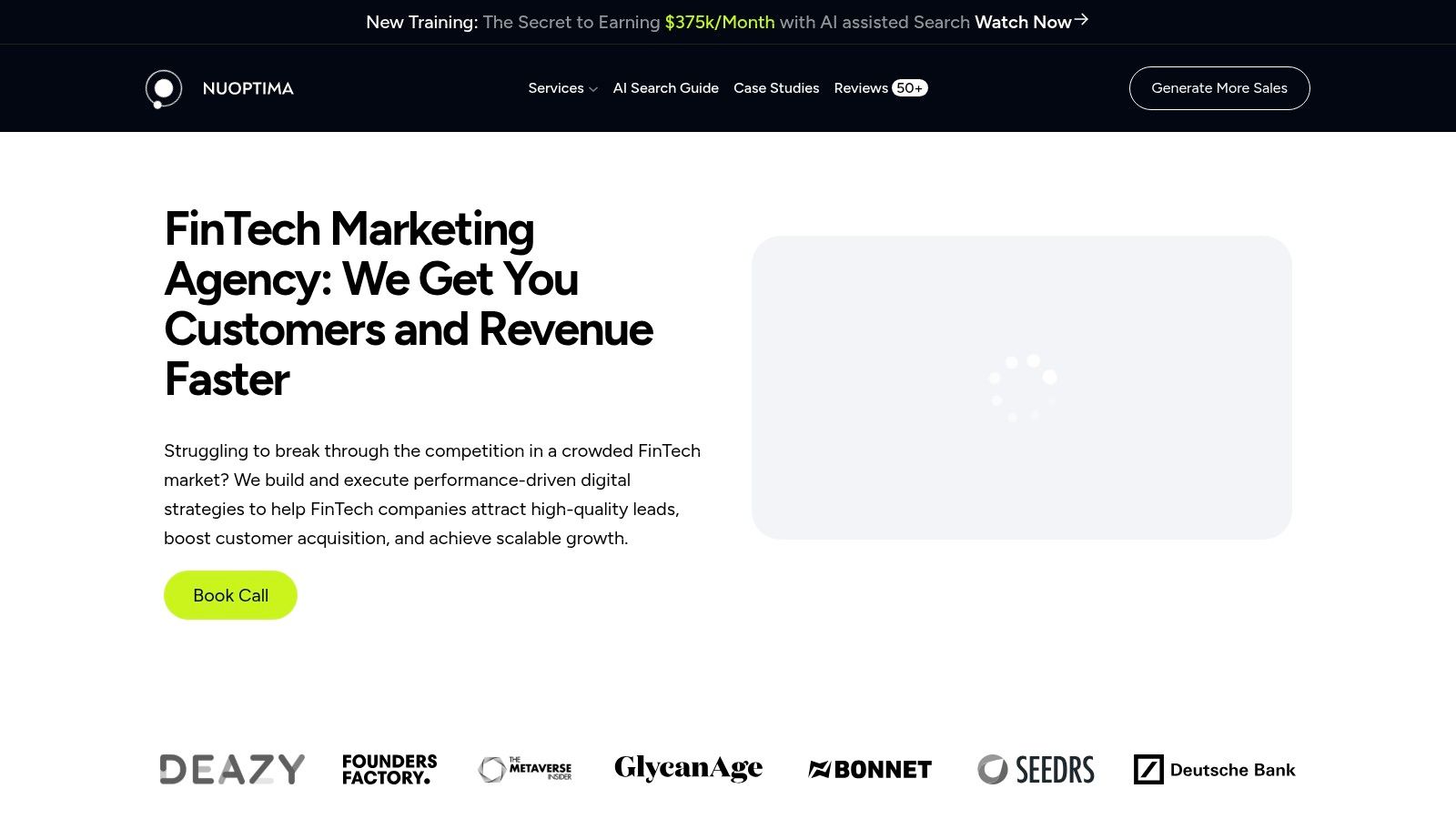 A screenshot of the NUOPTIMA website's FinTech services page, detailing their approach to SEO for financial technology companies.