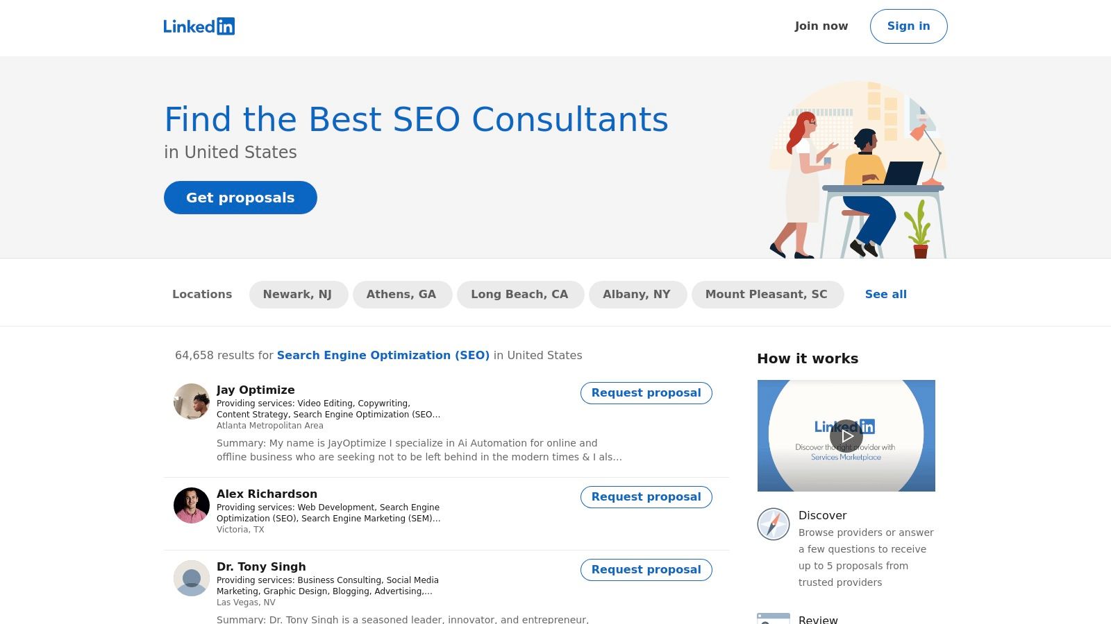 A screenshot of the LinkedIn Services Marketplace page for SEO consultants, displaying profiles with headlines, recommendations, and a "Request proposal" button.