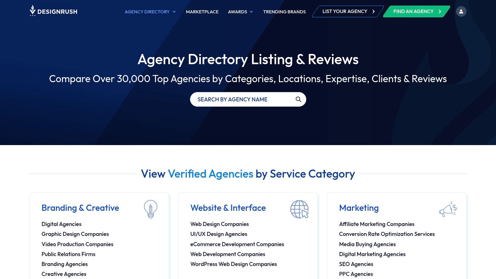A screenshot of the DesignRush website's agency directory page, showing a list of marketing agencies with details on their services, location, and team size.